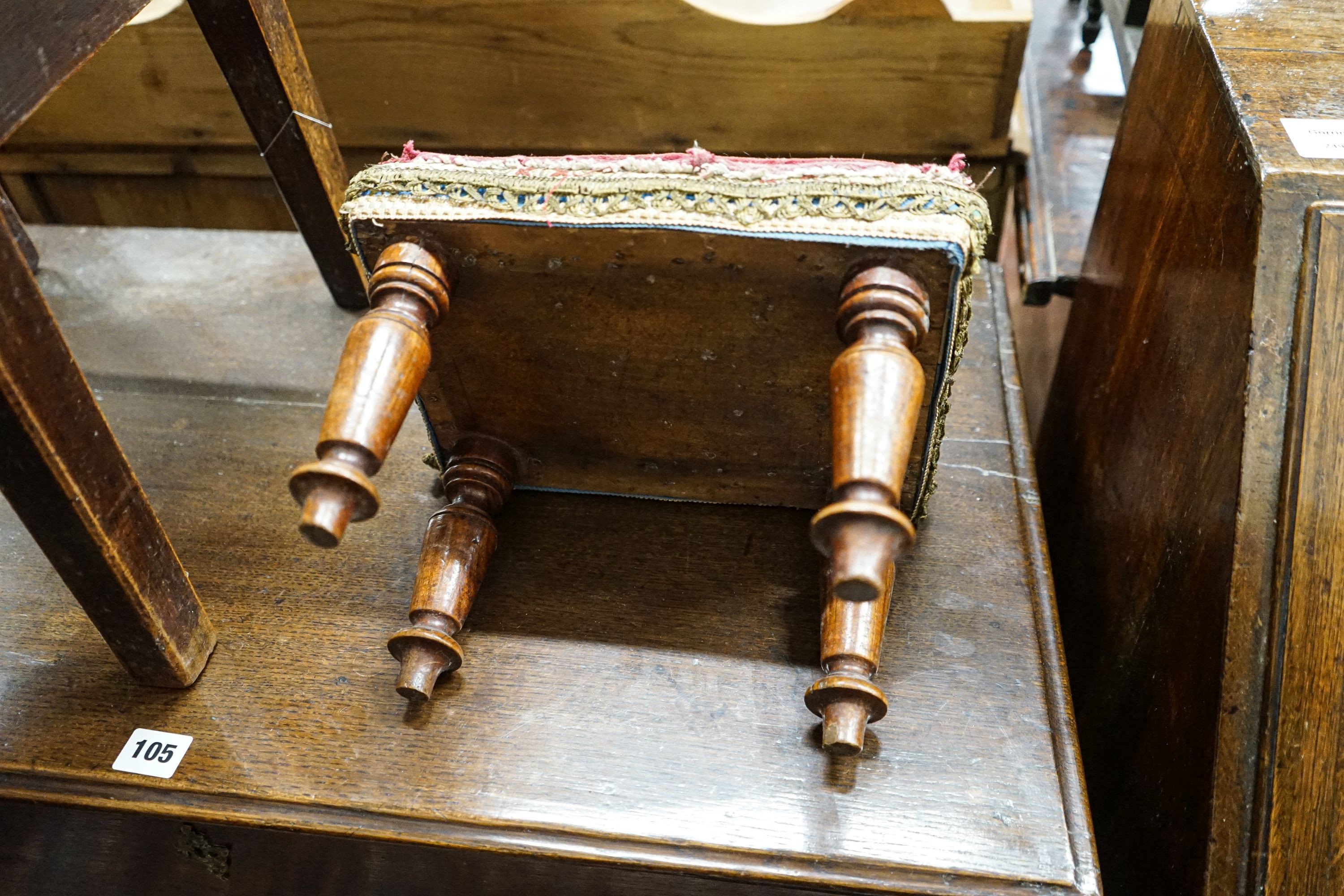 An early 19th century oak and elm child's chair, width 33cm, depth 32cm, height 83cm and a small Victorian mahogany stool with woolwork seat, width 27cm